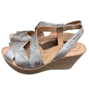 BORN Venetia Women’s Panna Cotta Metallic Pewter Cork Wedges Size 10